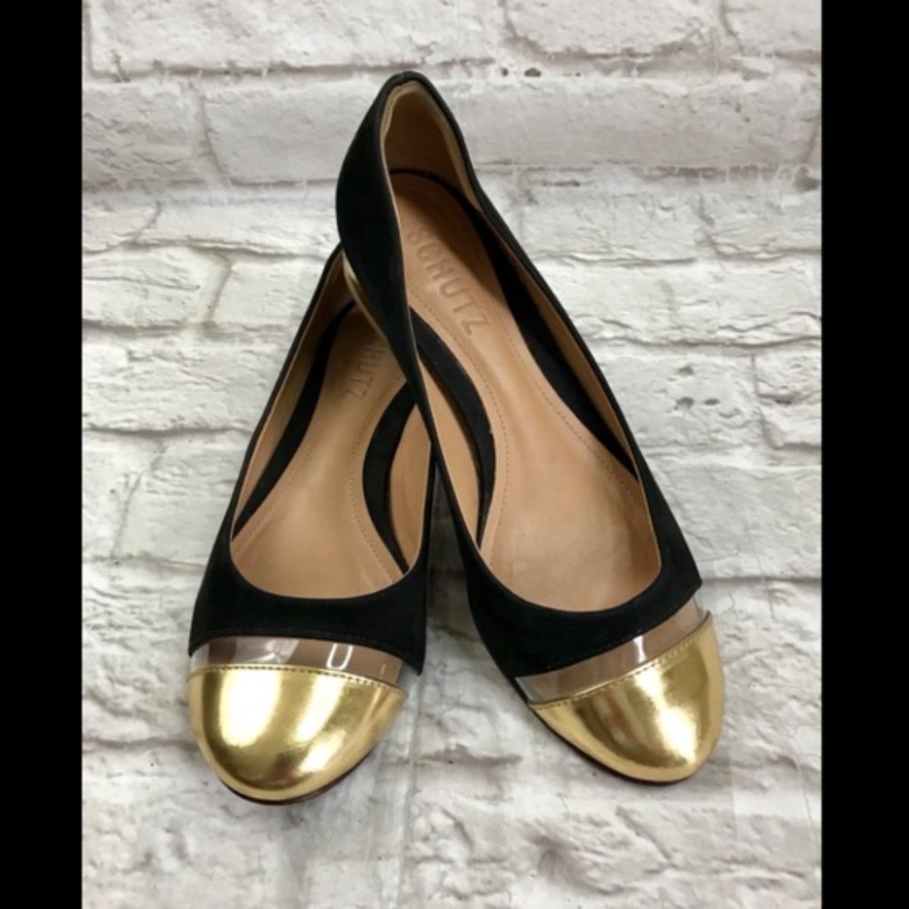 SCHUTZ Gold Cap Toe Suede Leather Heel Ballet Flat
